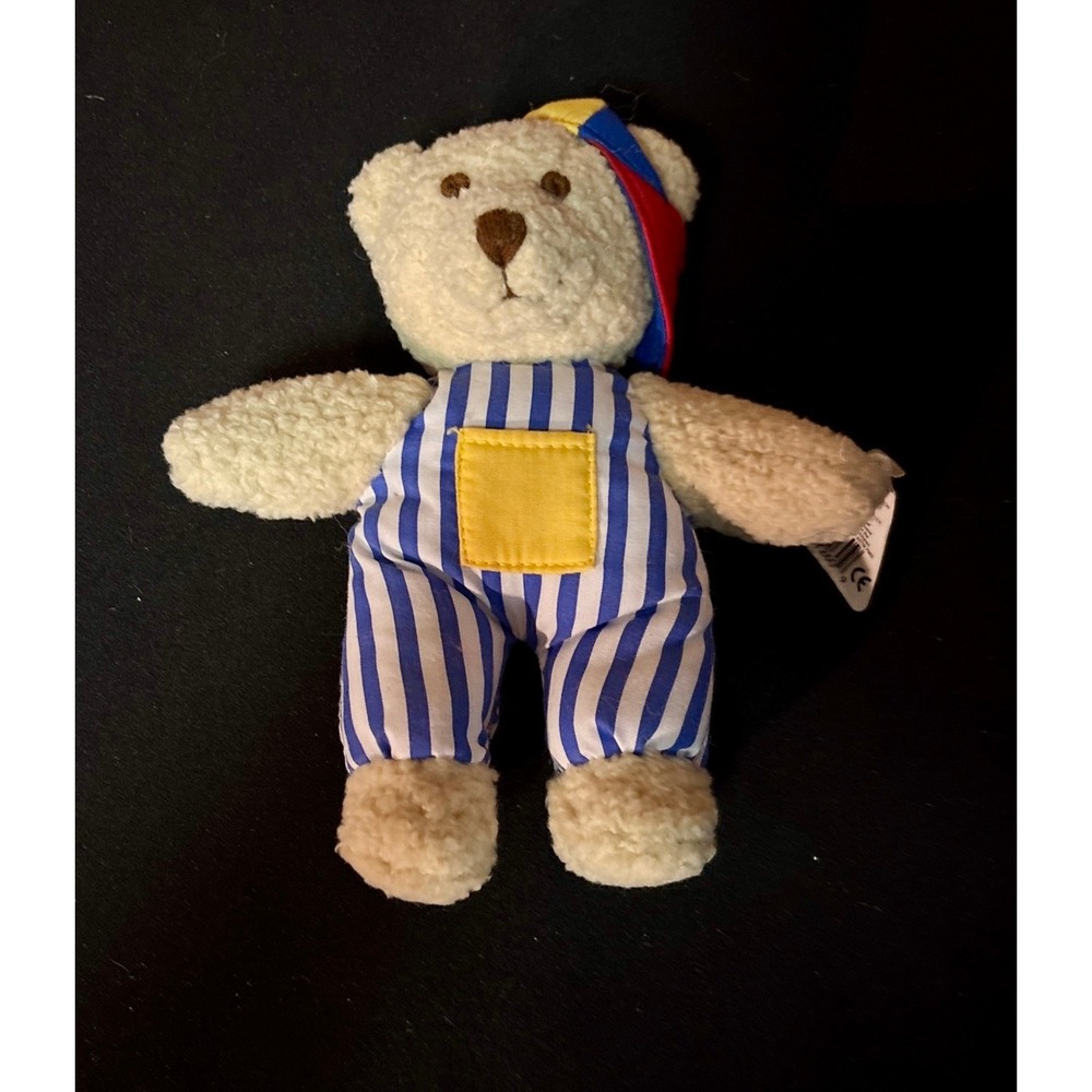 Vintage Tag 1996 Applause Dakin Baby Atta Boy Rattle Teddy Bear Striped Overalls